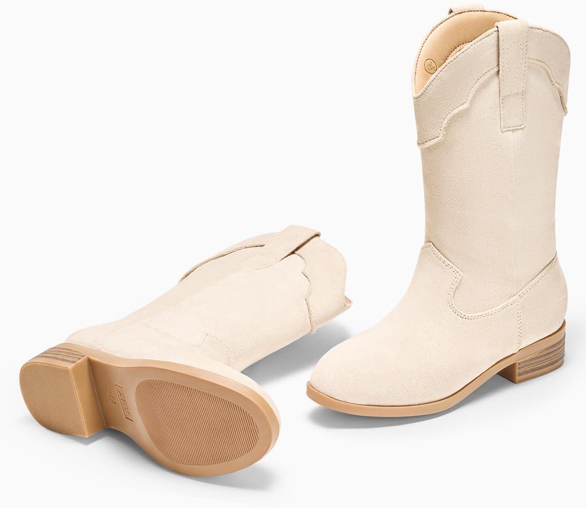 imageCoutgo Girls Cowboy Boots UnisexChild Mid Calf Cowgirl Boots Western Riding ShoesBeige