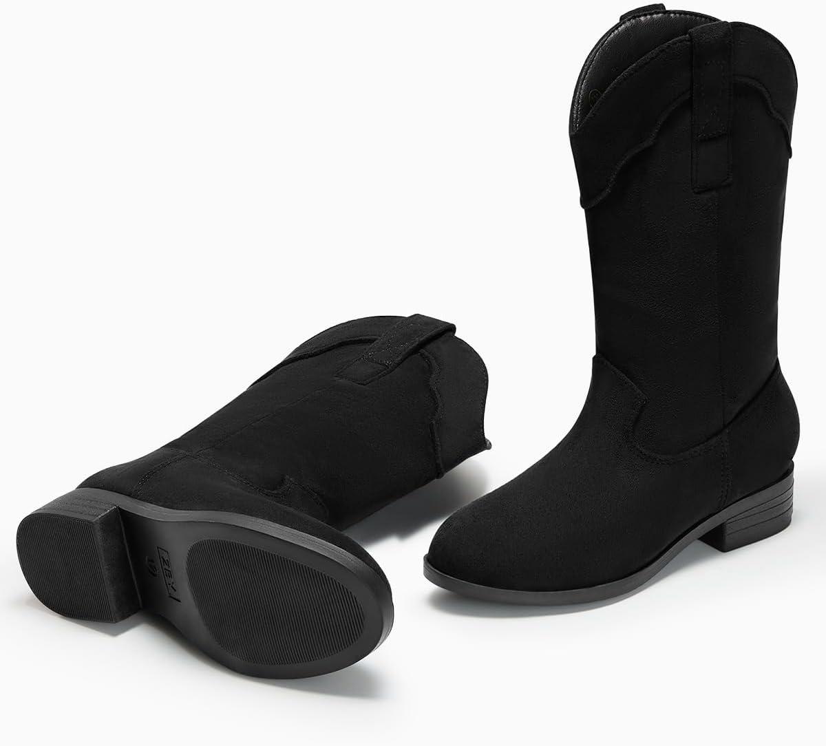 imageCoutgo Girls Cowboy Boots UnisexChild Mid Calf Cowgirl Boots Western Riding ShoesBlack