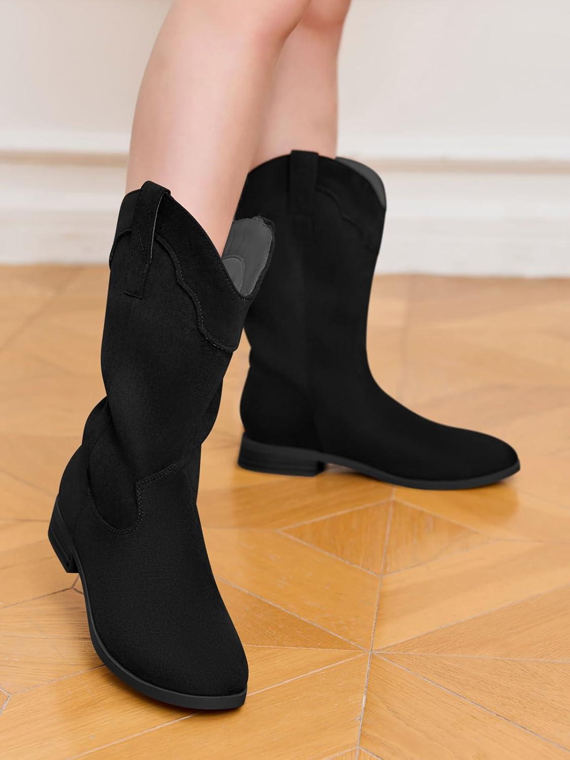 imageCoutgo Girls Cowboy Boots UnisexChild Mid Calf Cowgirl Boots Western Riding ShoesBlack