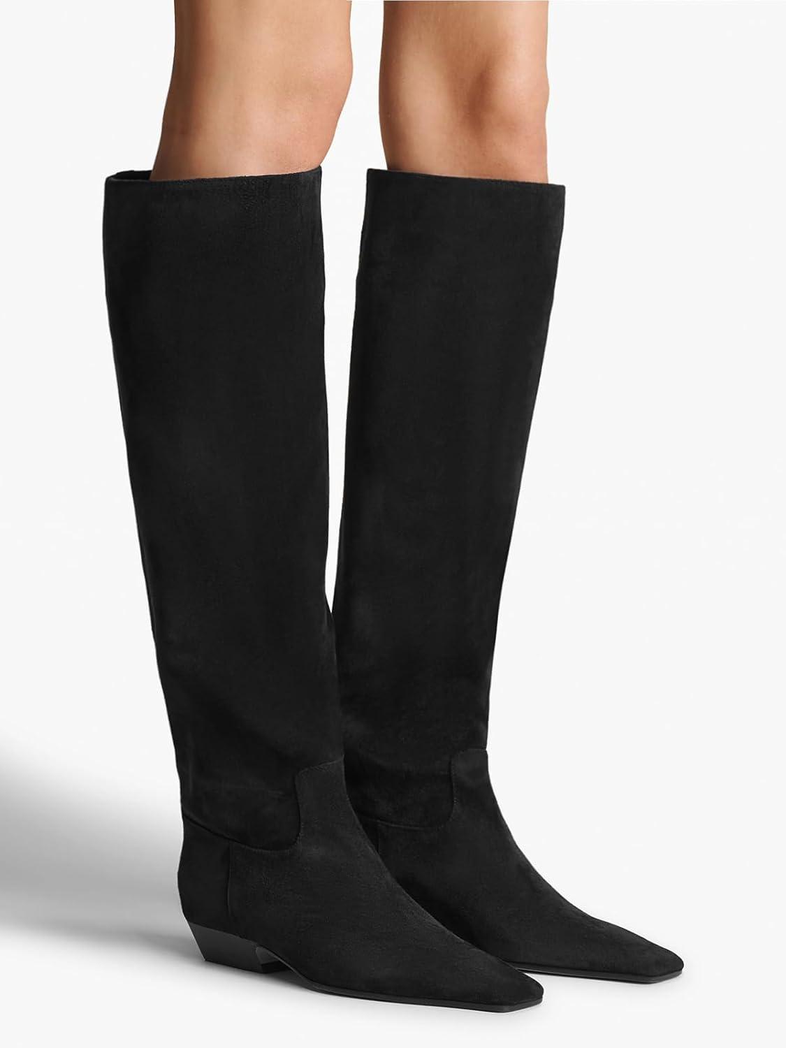 imageCoutgo Womens Knee High Boots Square Toe Chunky Block Low Heel Long Boots Side Zipper Fall Winter ShoesBlack