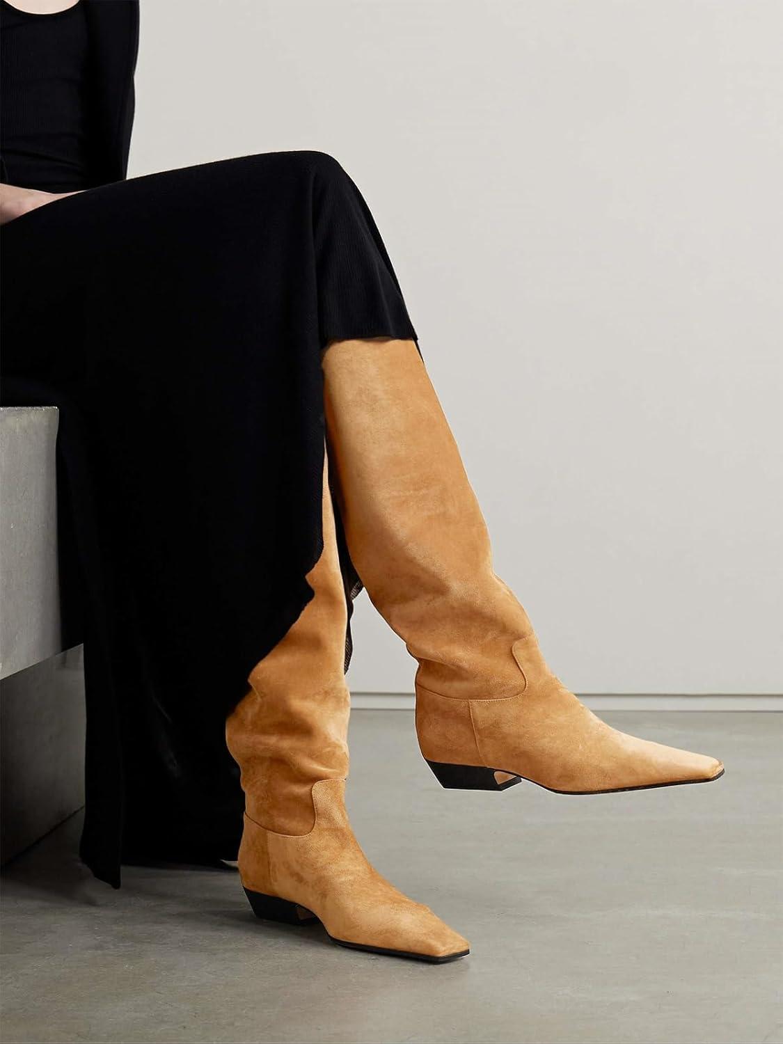 imageCoutgo Womens Knee High Boots Square Toe Chunky Block Low Heel Long Boots Side Zipper Fall Winter ShoesCamel