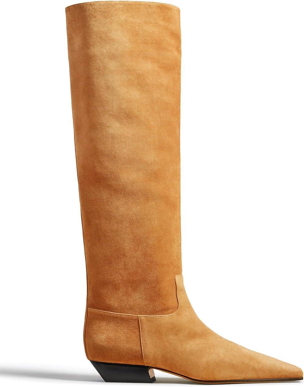 imageCoutgo Womens Knee High Boots Square Toe Chunky Block Low Heel Long Boots Side Zipper Fall Winter ShoesCamel