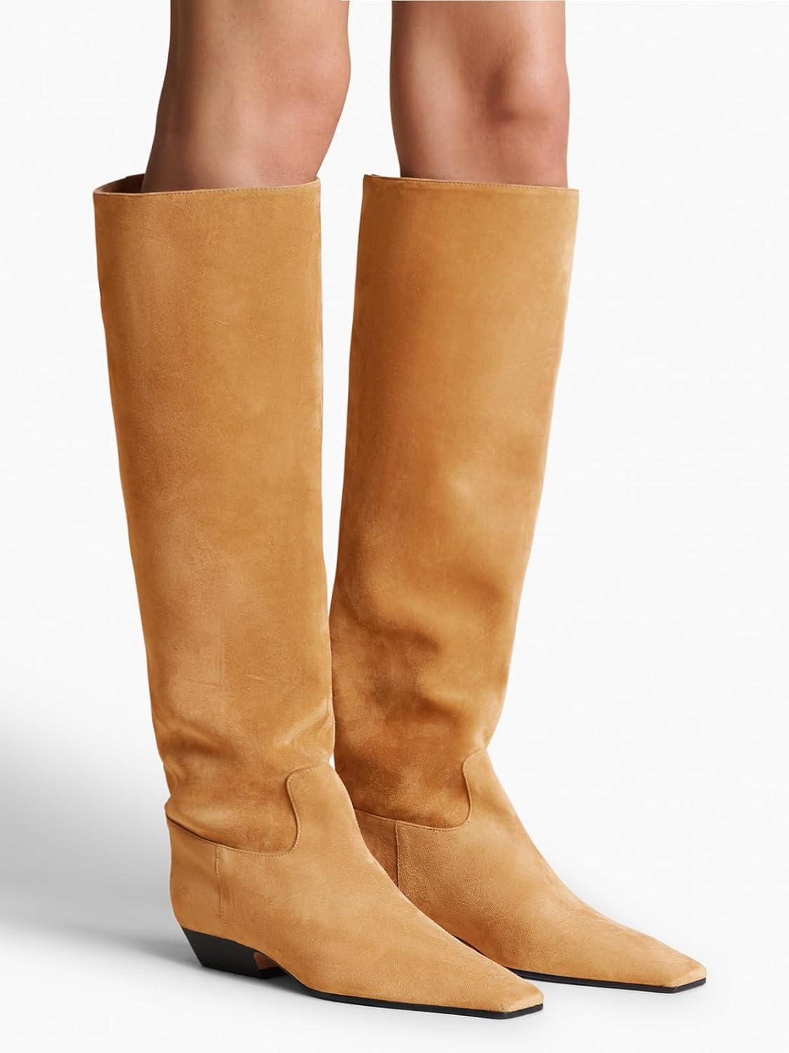 imageCoutgo Womens Knee High Boots Square Toe Chunky Block Low Heel Long Boots Side Zipper Fall Winter ShoesCamel