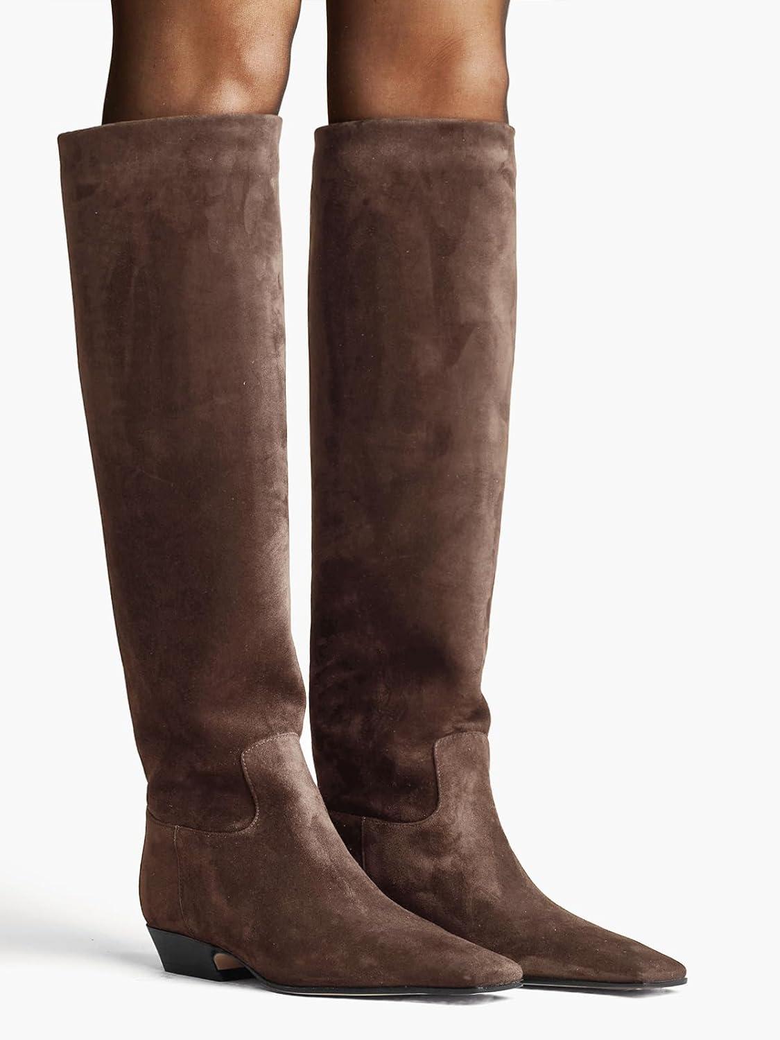 imageCoutgo Womens Knee High Boots Square Toe Chunky Block Low Heel Long Boots Side Zipper Fall Winter ShoesChocolate