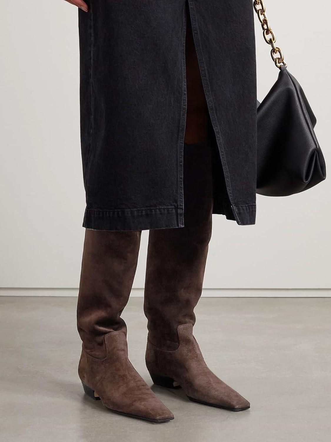 imageCoutgo Womens Knee High Boots Square Toe Chunky Block Low Heel Long Boots Side Zipper Fall Winter ShoesChocolate