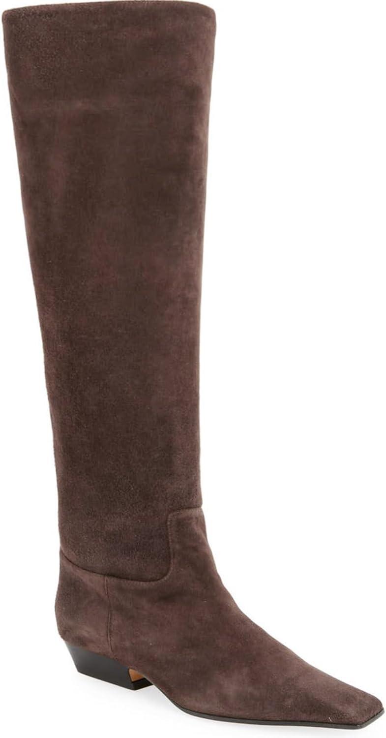 imageCoutgo Womens Knee High Boots Square Toe Chunky Block Low Heel Long Boots Side Zipper Fall Winter ShoesChocolate