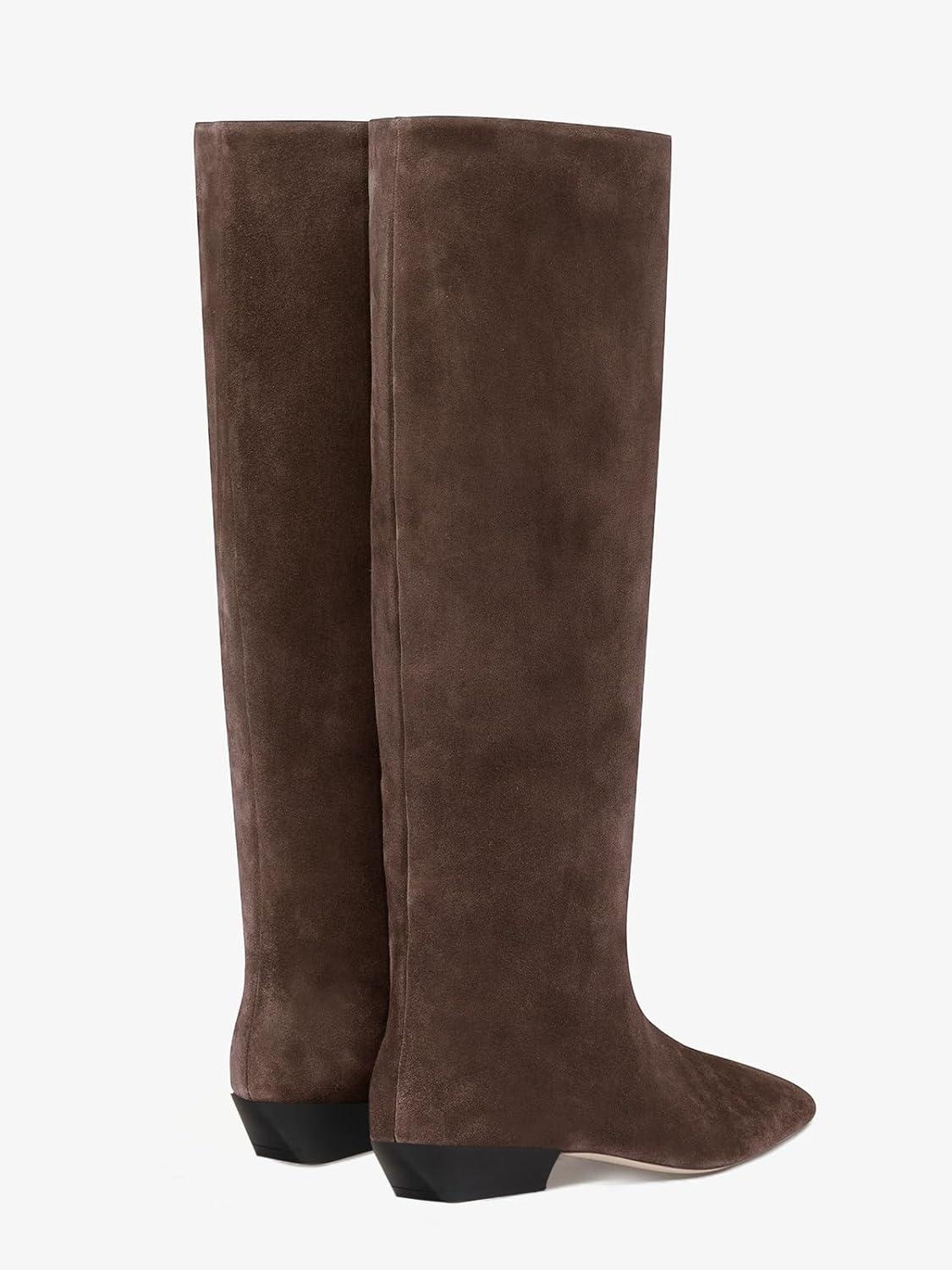 imageCoutgo Womens Knee High Boots Square Toe Chunky Block Low Heel Long Boots Side Zipper Fall Winter ShoesChocolate