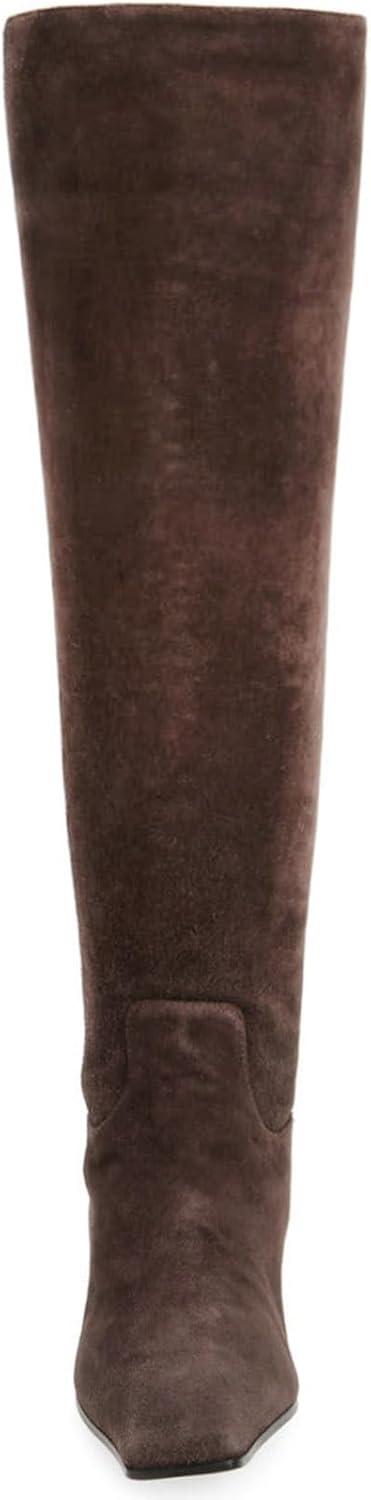 imageCoutgo Womens Knee High Boots Square Toe Chunky Block Low Heel Long Boots Side Zipper Fall Winter ShoesChocolate