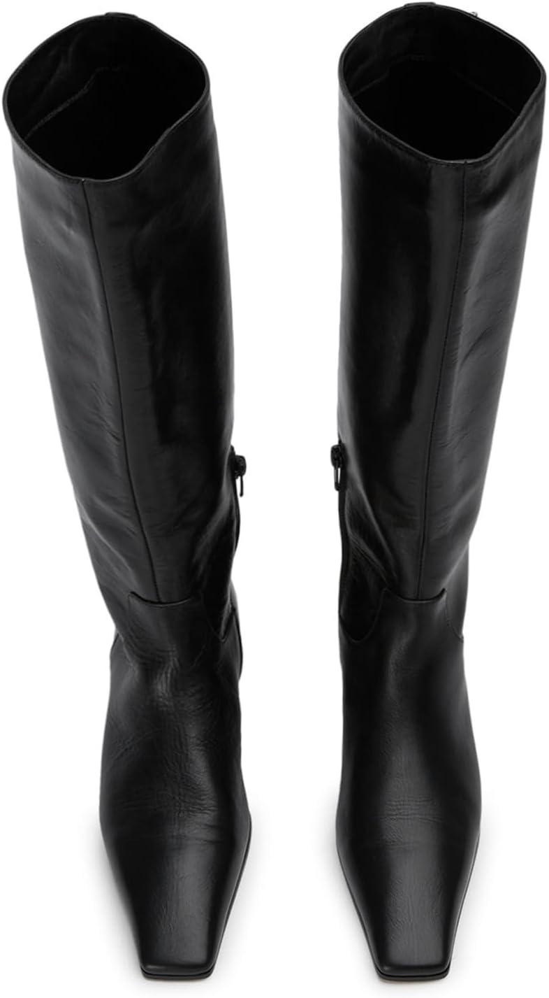 imageCoutgo Womens Knee High Boots Square Toe Chunky Block Low Heel Long Boots Side Zipper Fall Winter ShoesCool Black