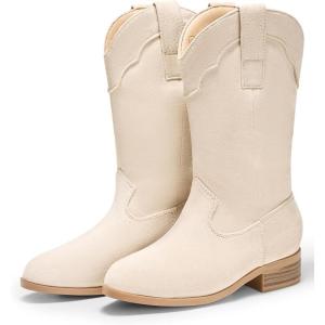 Coutgo Girls Cowboy Boots Unisex-Child Mid Calf Cowgirl Boots Western Riding Shoes(Beige)