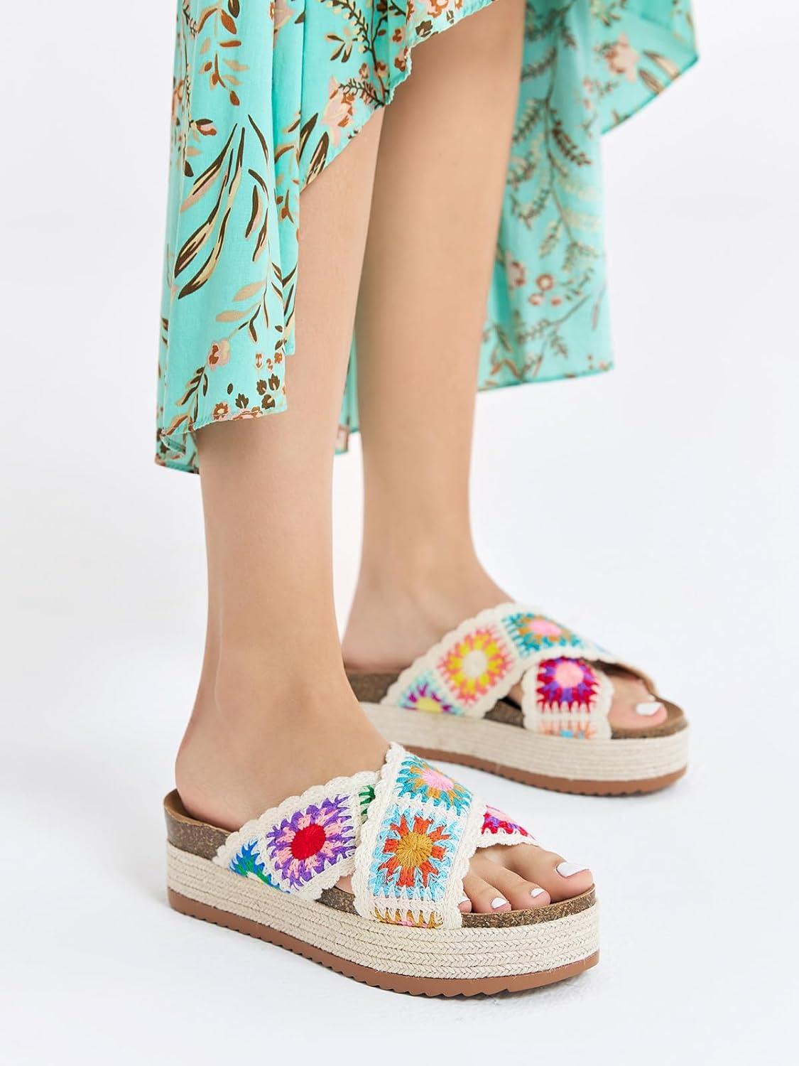 imageCoutgo Womens Platform Espadrille Sandals Flatform Floral Crochet Cork Open Toe Summer Beach Slide SandalsBeige1