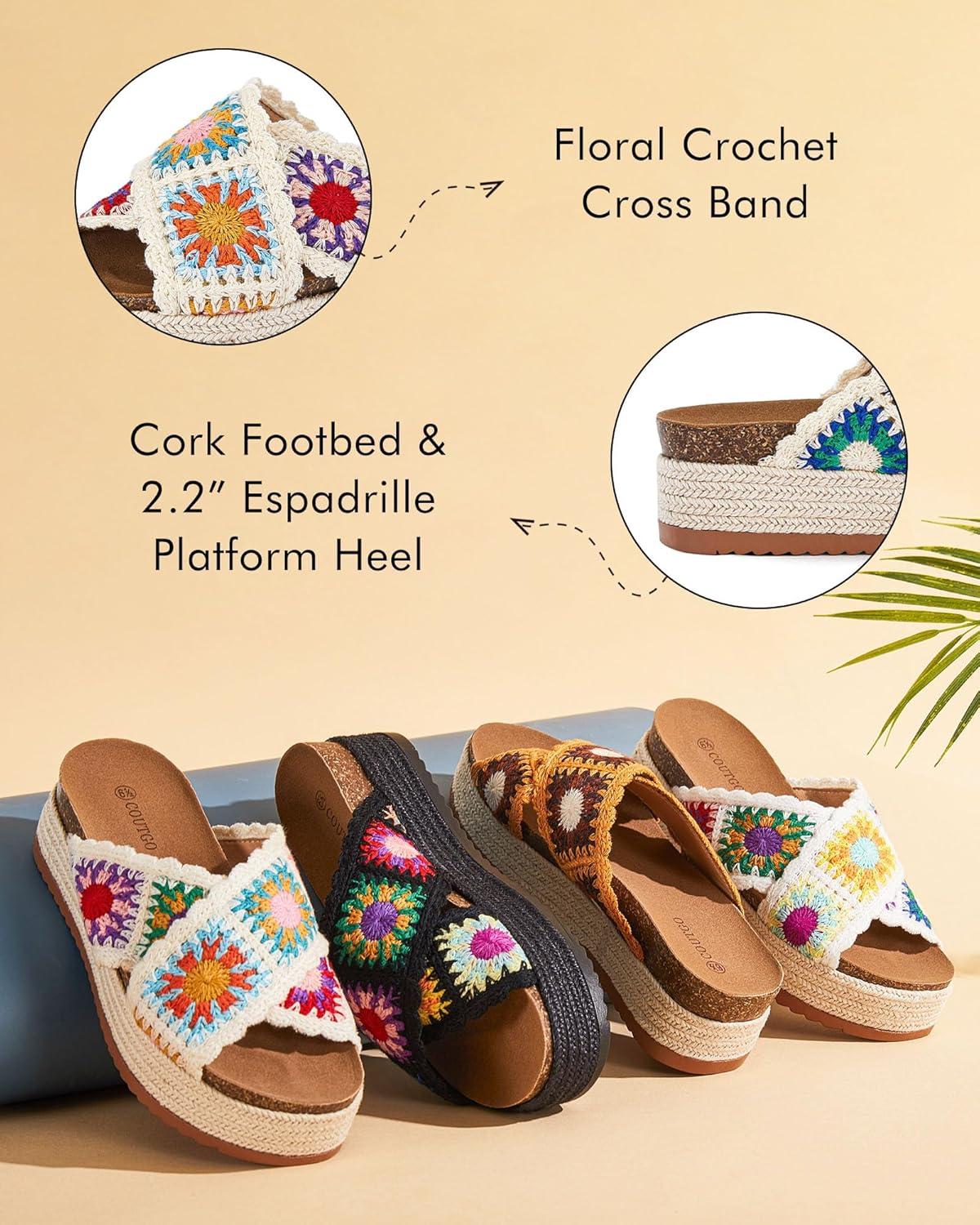 imageCoutgo Womens Platform Espadrille Sandals Flatform Floral Crochet Cork Open Toe Summer Beach Slide SandalsBeige1