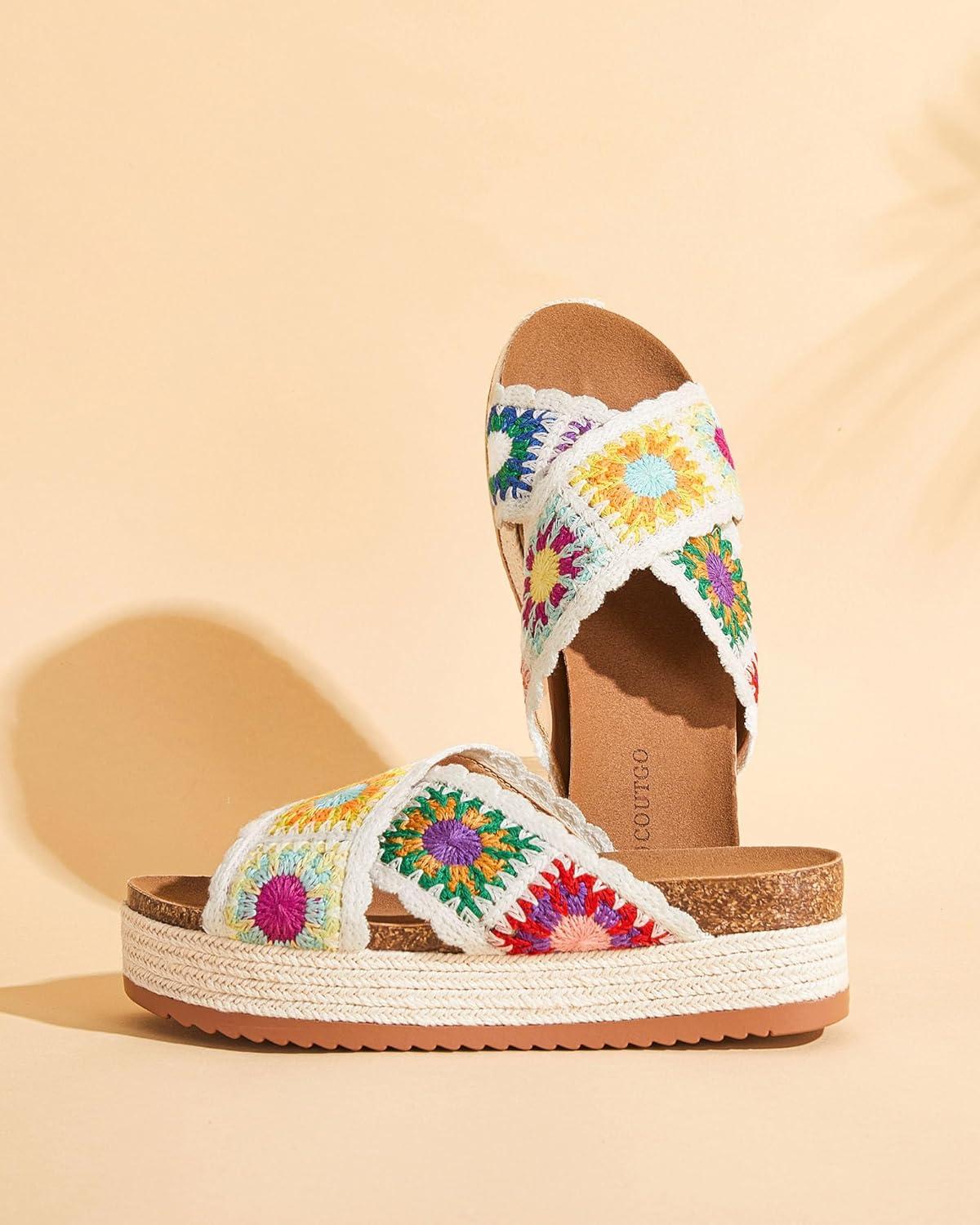 imageCoutgo Womens Platform Espadrille Sandals Flatform Floral Crochet Cork Open Toe Summer Beach Slide SandalsBeige1