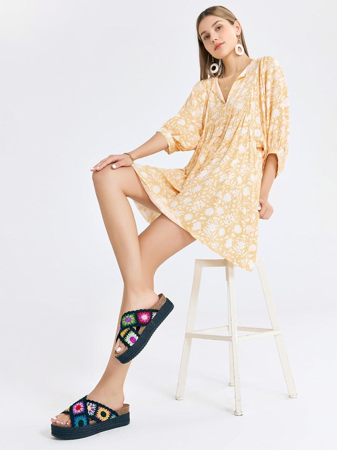 imageCoutgo Womens Platform Espadrille Sandals Flatform Floral Crochet Cork Open Toe Summer Beach Slide SandalsBlack1