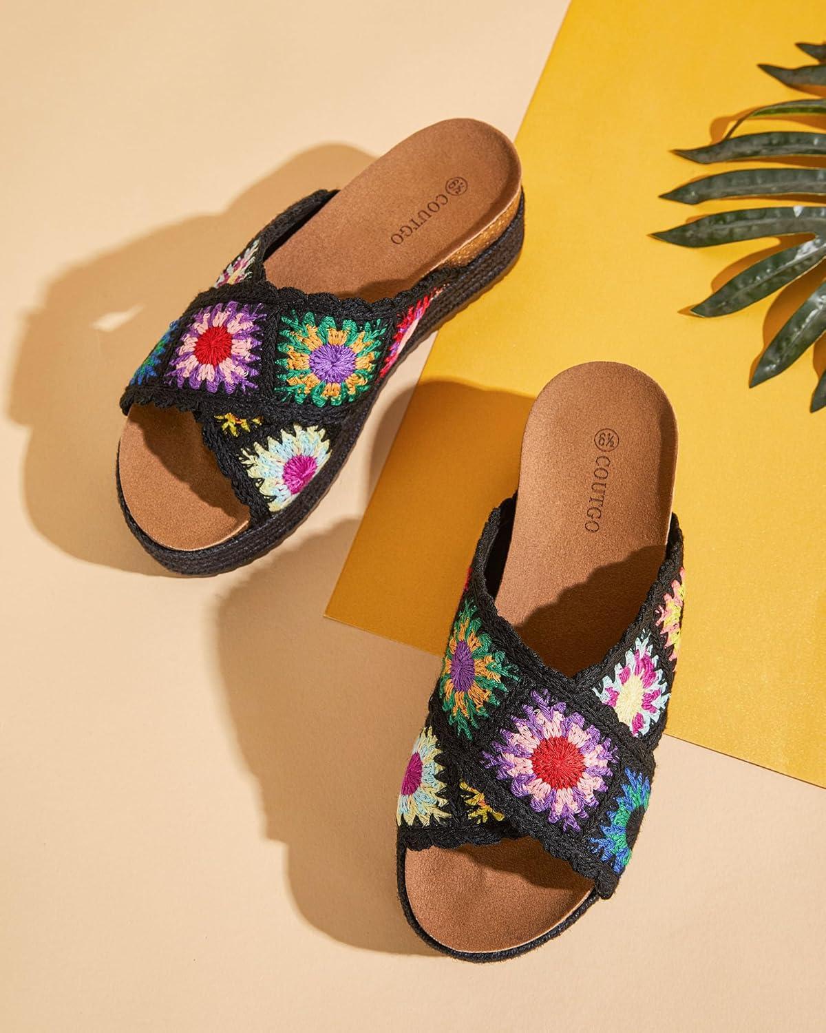 imageCoutgo Womens Platform Espadrille Sandals Flatform Floral Crochet Cork Open Toe Summer Beach Slide SandalsBlack1