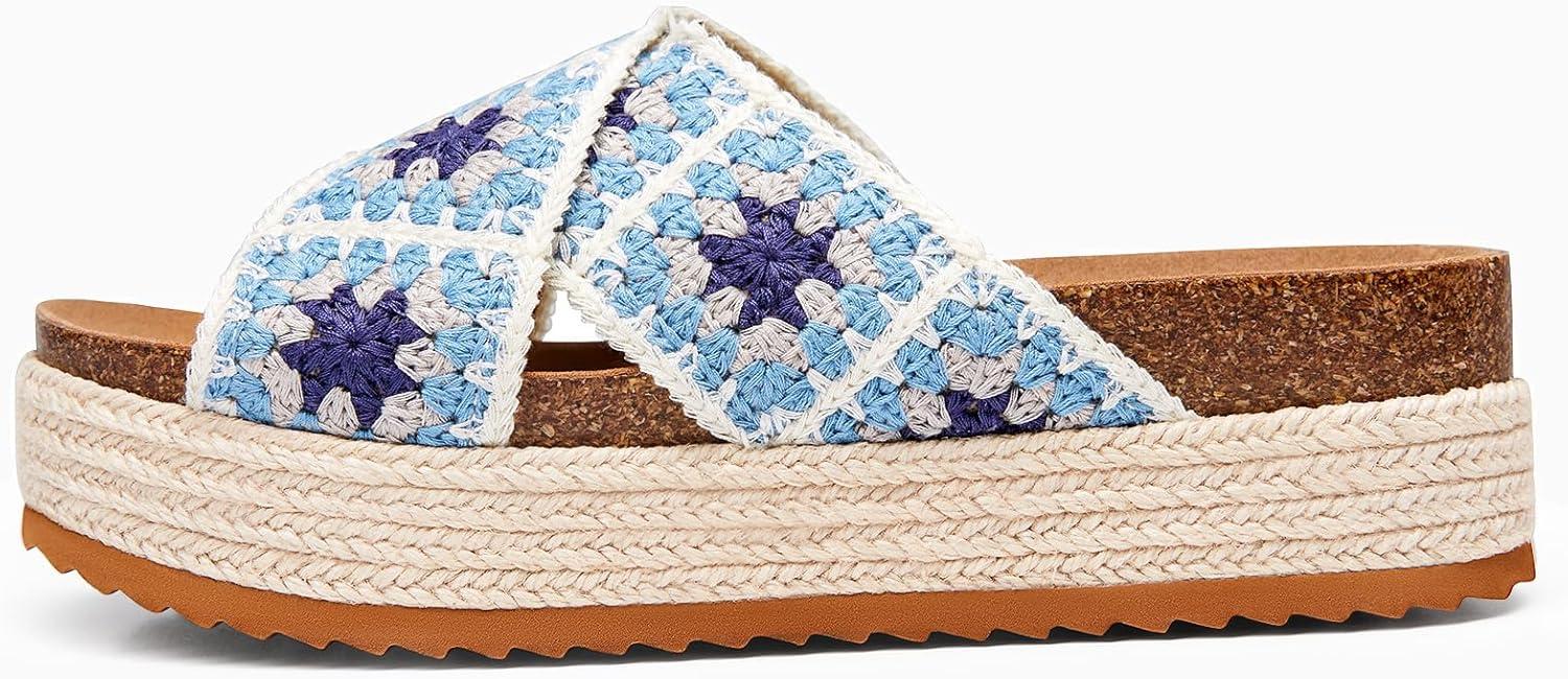 imageCoutgo Womens Platform Espadrille Sandals Flatform Floral Crochet Cork Open Toe Summer Beach Slide SandalsBlue1
