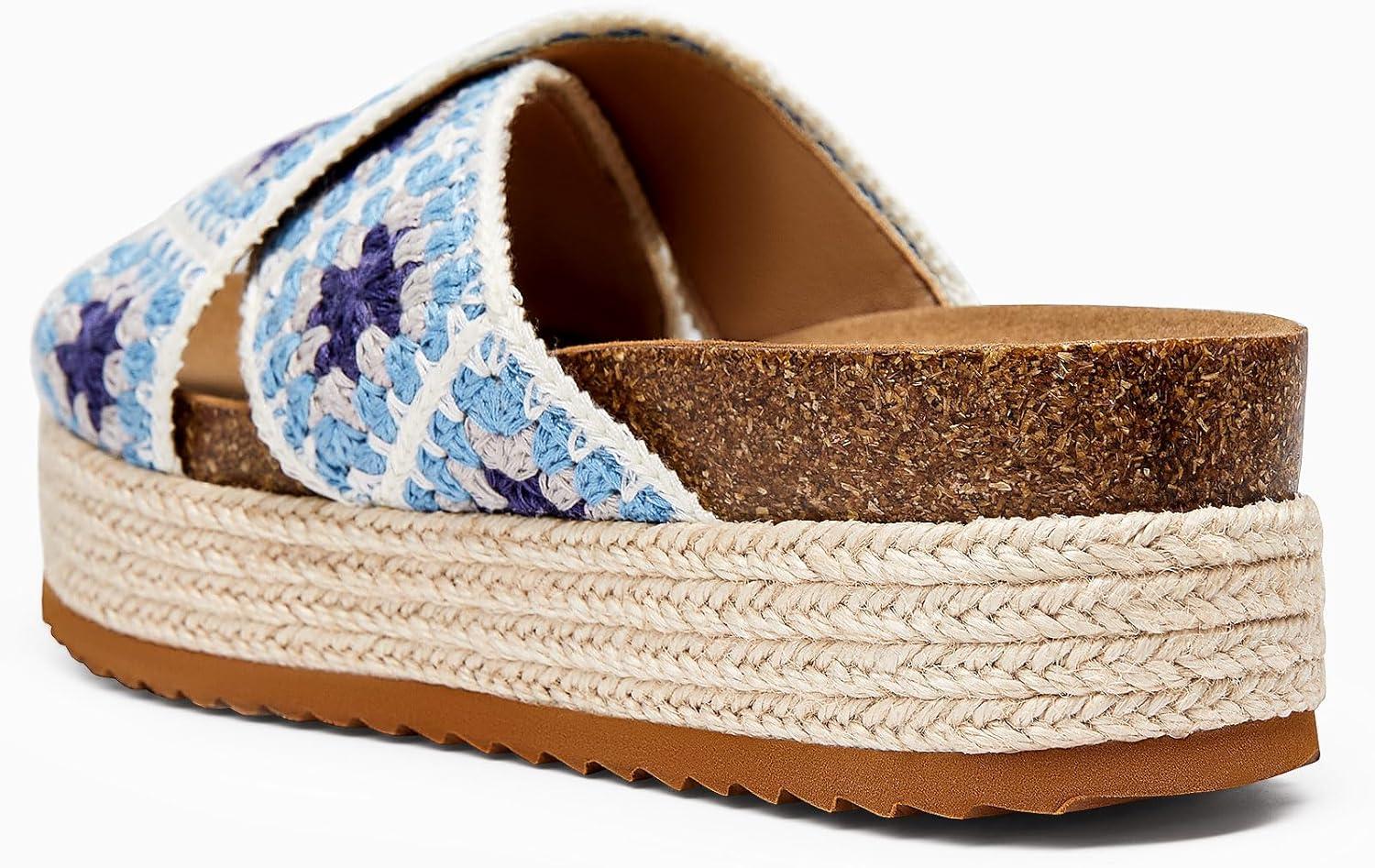imageCoutgo Womens Platform Espadrille Sandals Flatform Floral Crochet Cork Open Toe Summer Beach Slide SandalsBlue1