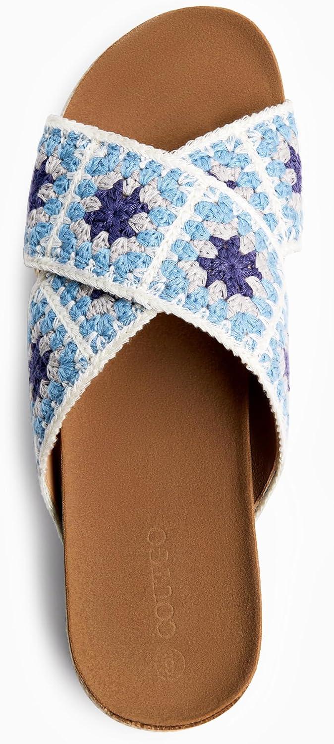 imageCoutgo Womens Platform Espadrille Sandals Flatform Floral Crochet Cork Open Toe Summer Beach Slide SandalsBlue1