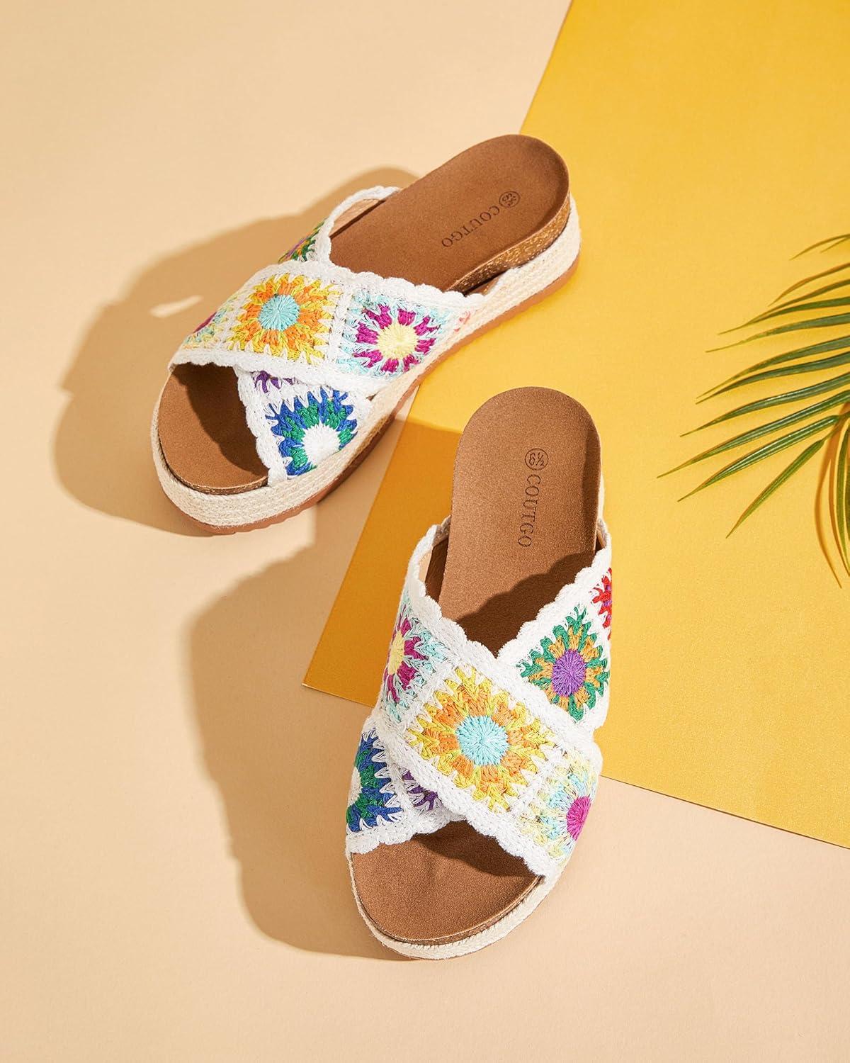 imageCoutgo Womens Platform Espadrille Sandals Flatform Floral Crochet Cork Open Toe Summer Beach Slide SandalsWhite1
