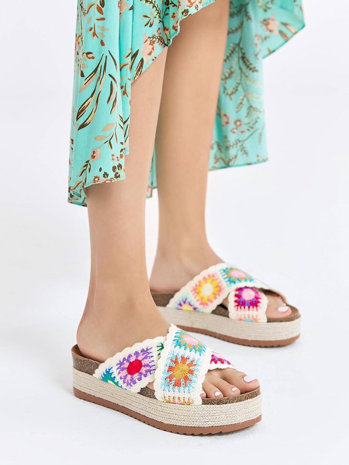 imageCoutgo Womens Platform Espadrille Sandals Flatform Floral Crochet Cork Open Toe Summer Beach Slide SandalsWhite1