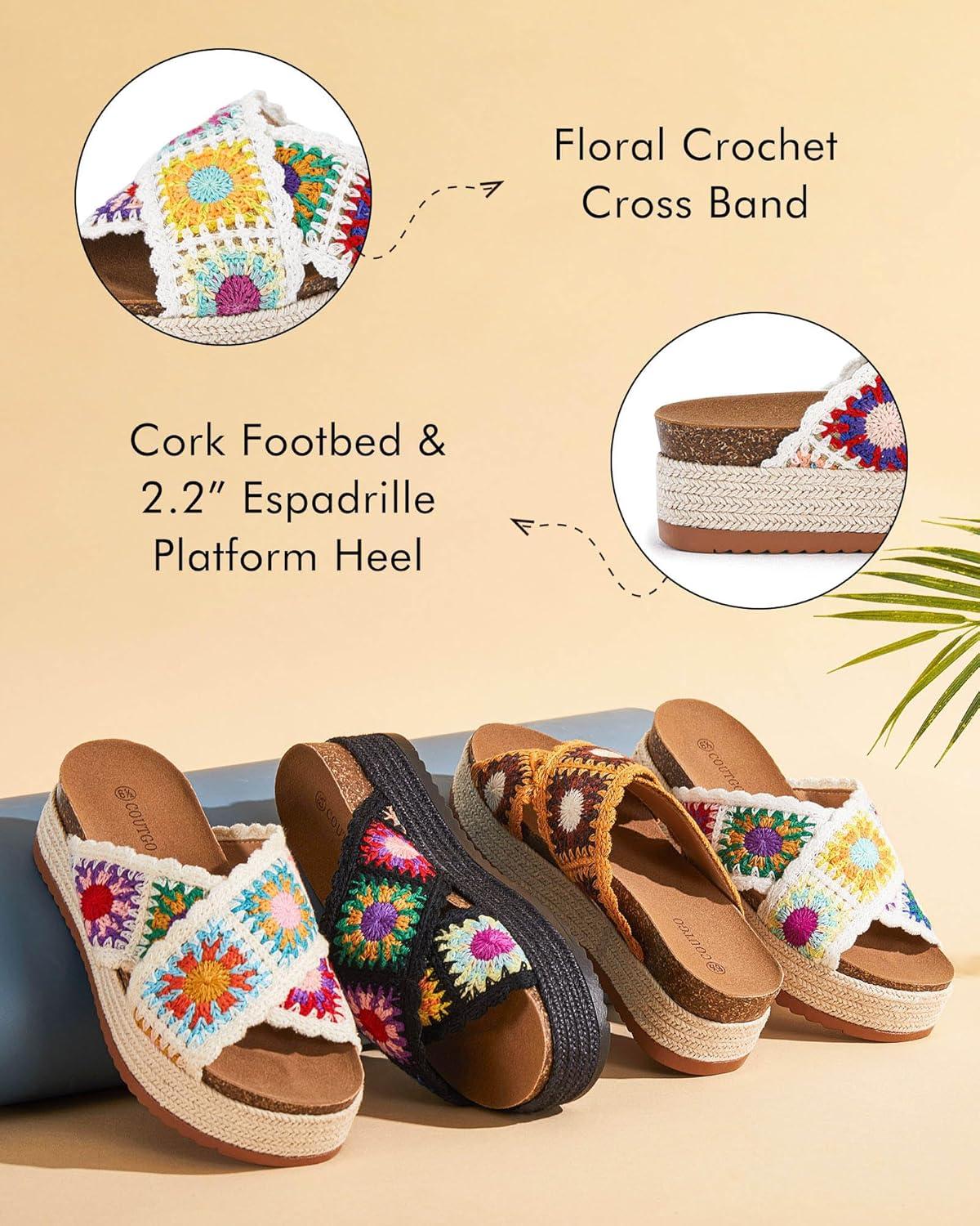 imageCoutgo Womens Platform Espadrille Sandals Flatform Floral Crochet Cork Open Toe Summer Beach Slide SandalsWhite1