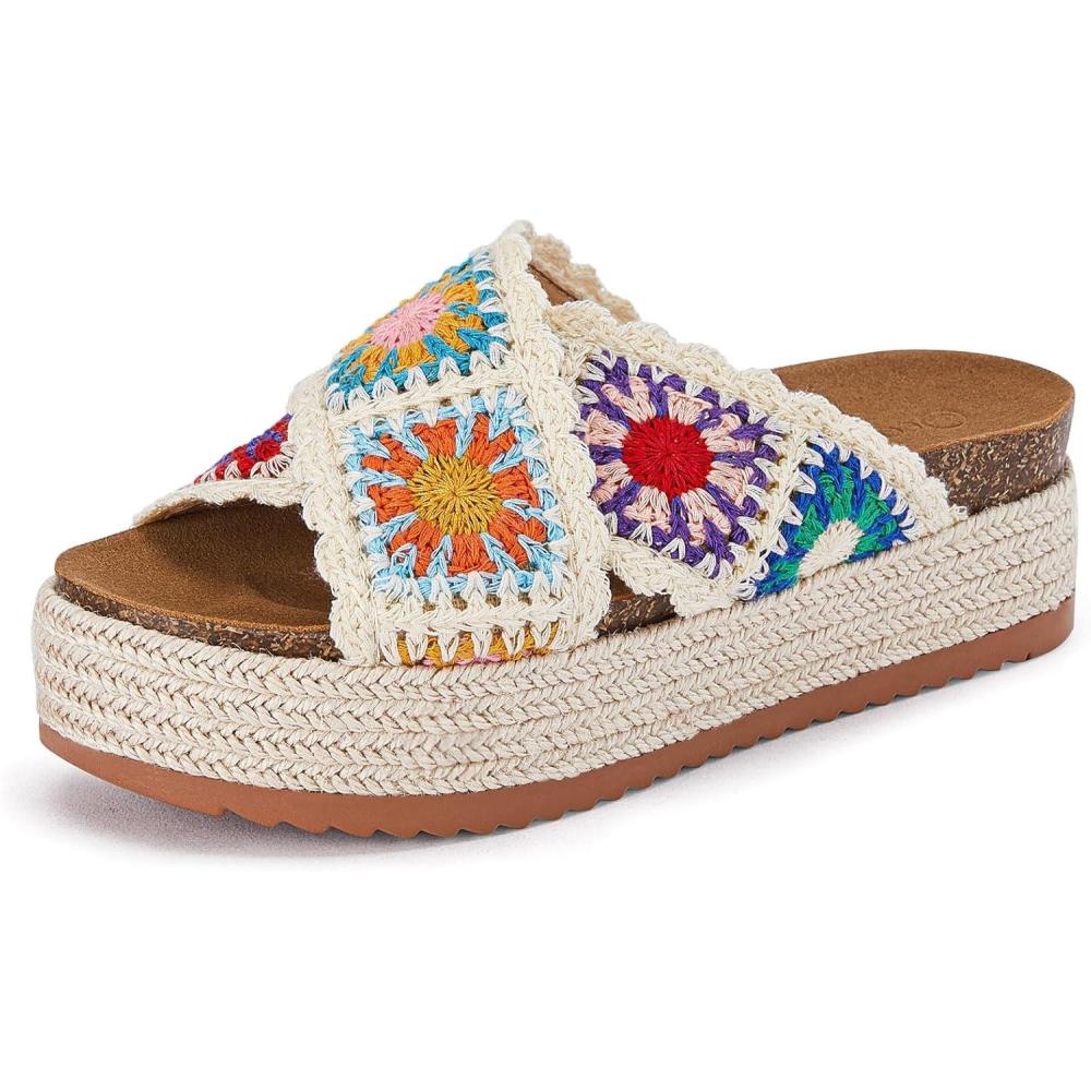 imageCoutgo Womens Platform Espadrille Sandals Flatform Floral Crochet Cork Open Toe Summer Beach Slide SandalsBeige1
