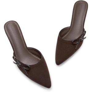 Coutgo Womens Bow Tie Mules Heels Two Tone Closed Pointed Toe Slip On Backless Wedding Dress Shoes Pumps(Chocolate)