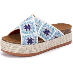 Coutgo Womens Platform Espadrille Sandals Flatform Floral Crochet Cork Open Toe Summer Beach Slide Sandals(Blue-1)