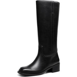 Coutgo Women’s Knee High Boots Square Toe Chunky Block Heel Tall Boots Comfortable Low Heel Shoes(Black)