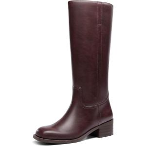 Coutgo Women’s Knee High Boots Square Toe Chunky Block Heel Tall Boots Comfortable Low Heel Shoes(Burgundy)