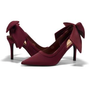 Coutgo Womens Slingback High Heels Bow Closed Pointed Toe Lace Patchwork Party Dress Shoes(Suede Wine Red)