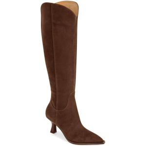 Coutgo Womens Wide Calf Knee High Boots Kitten Heel Pointed Toe Tall Boots Side Zipper Fall Winter Shoes(Dark Brown)