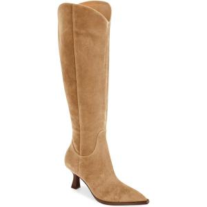 Coutgo Womens Wide Calf Knee High Boots Kitten Heel Pointed Toe Tall Boots Side Zipper Fall Winter Shoes(Khaki)