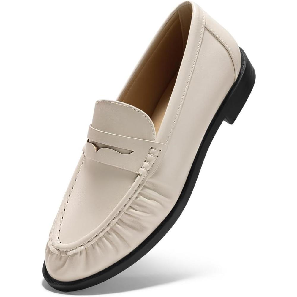 imageCoutgo Penny Loafers for Women Comfortable Slip on Shoes Collapsible Heel Closed Toe Dressy Casual Work FlatsBeige Pu