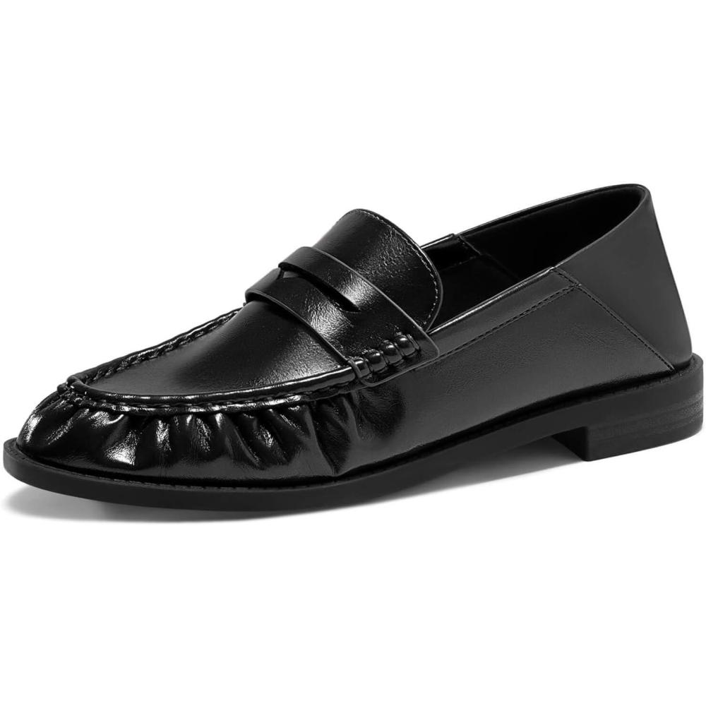 imageCoutgo Penny Loafers for Women Comfortable Slip on Shoes Collapsible Heel Closed Toe Dressy Casual Work FlatsBlack