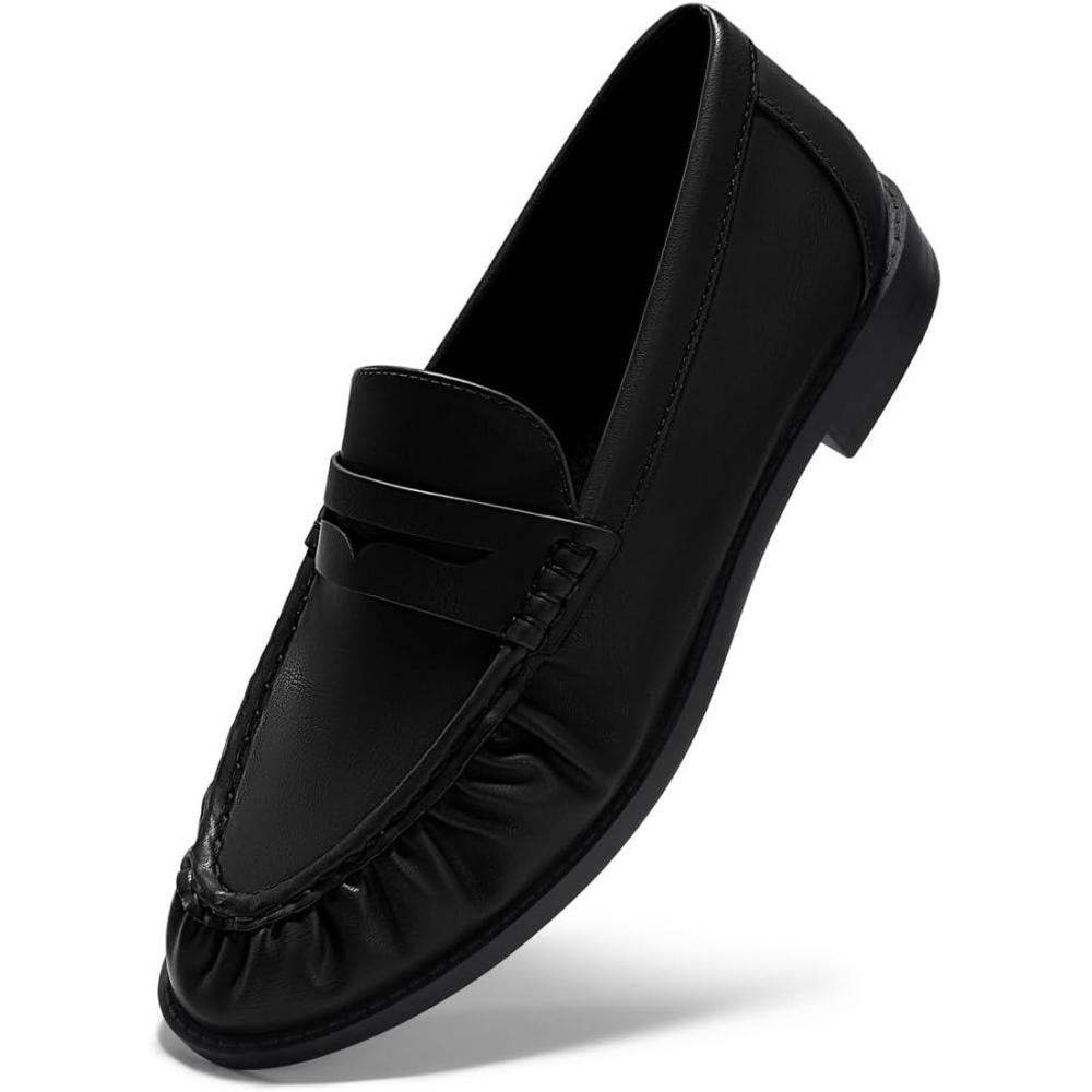 imageCoutgo Penny Loafers for Women Comfortable Slip on Shoes Collapsible Heel Closed Toe Dressy Casual Work FlatsBlack Pu