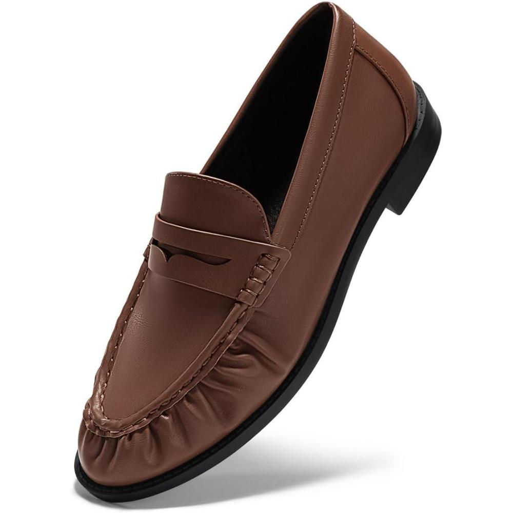 imageCoutgo Penny Loafers for Women Comfortable Slip on Shoes Collapsible Heel Closed Toe Dressy Casual Work FlatsDark Brown Pu