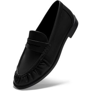Coutgo Penny Loafers for Women Comfortable Slip on Shoes Collapsible Heel Closed Toe Dressy Casual Work Flats(Black Pu)
