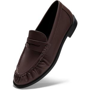 Coutgo Penny Loafers for Women Comfortable Slip on Shoes Collapsible Heel Closed Toe Dressy Casual Work Flats(Chocolate Pu)