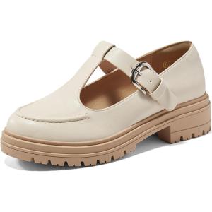 Coutgo Women’s Platform Loafers T Strap Chunky Low Heel Buckle Strap Mary Jane Comfortable Casual Office Shoes(Beige)