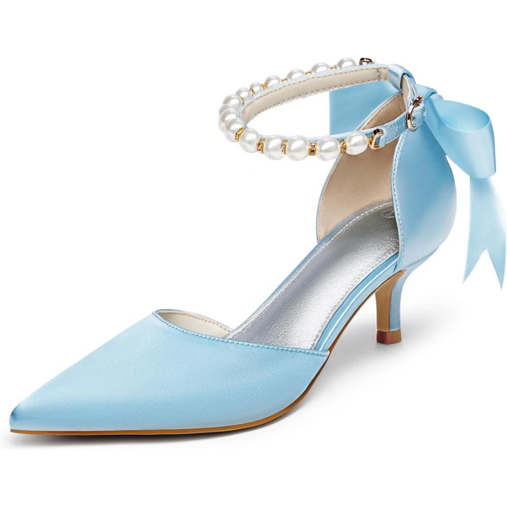 imageCoutgo Womens Pearl Ankle Strap Pumps Low Kitten Heel DOrsay Satin Back Tieknot Heels Pointed Toe Wedding Party Dress ShoesSky Blue