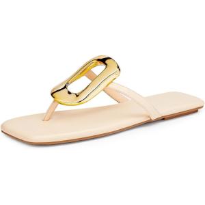 Coutgo Womens Flat Sandals Comfortable Flip Flops Slide Sandals Summer Beach Shoes with Metal Decoration(Apricot)