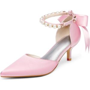 Coutgo Womens Pearl Ankle Strap Pumps Low Kitten Heel D’Orsay Satin Back Tieknot Heels Pointed Toe Wedding Party Dress Shoes(Pink)