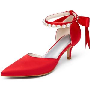 Coutgo Womens Pearl Ankle Strap Pumps Low Kitten Heel D’Orsay Satin Back Tieknot Heels Pointed Toe Wedding Party Dress Shoes(Red)