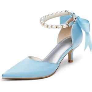 Coutgo Womens Pearl Ankle Strap Pumps Low Kitten Heel D’Orsay Satin Back Tieknot Heels Pointed Toe Wedding Party Dress Shoes(Sky Blue)