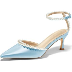 Coutgo Womens Pearl Kitten Heels Closed Pointed Toe Wedding Bride Dress Shoes Ankle Strap Satin Pumps(Sky Blue)