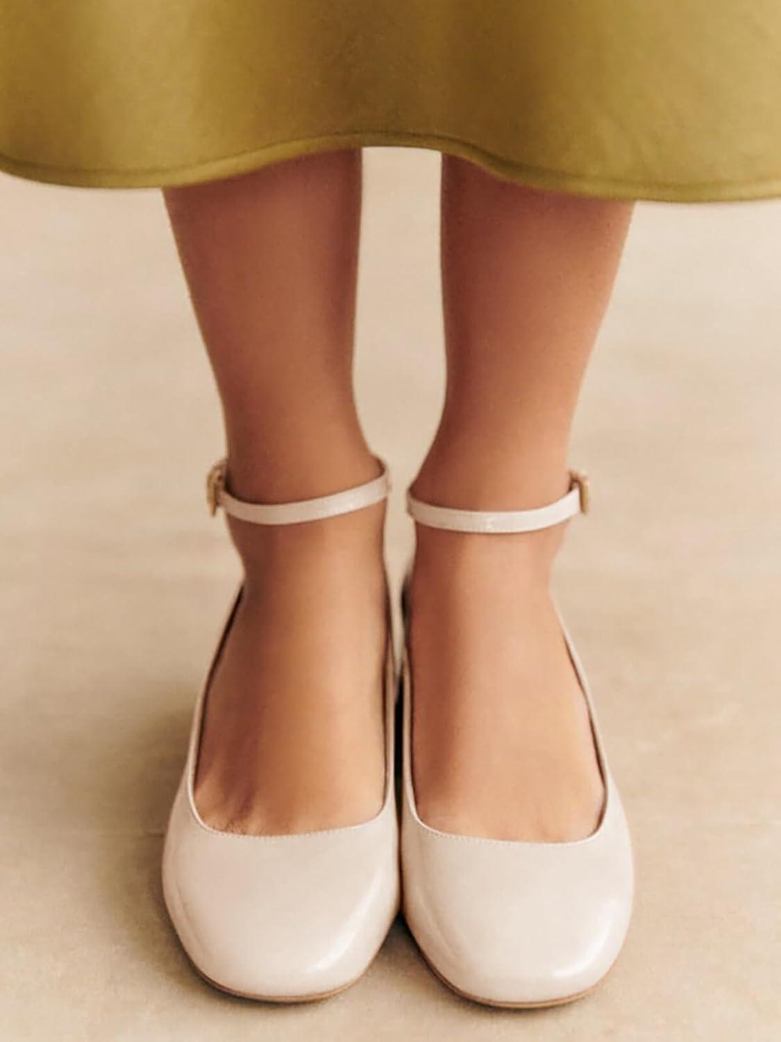 imageCoutgo Womens Chunky Low Heels Closed Square Toe Ankle Strap Pumps Wedding Prom Dress ShoesBeige