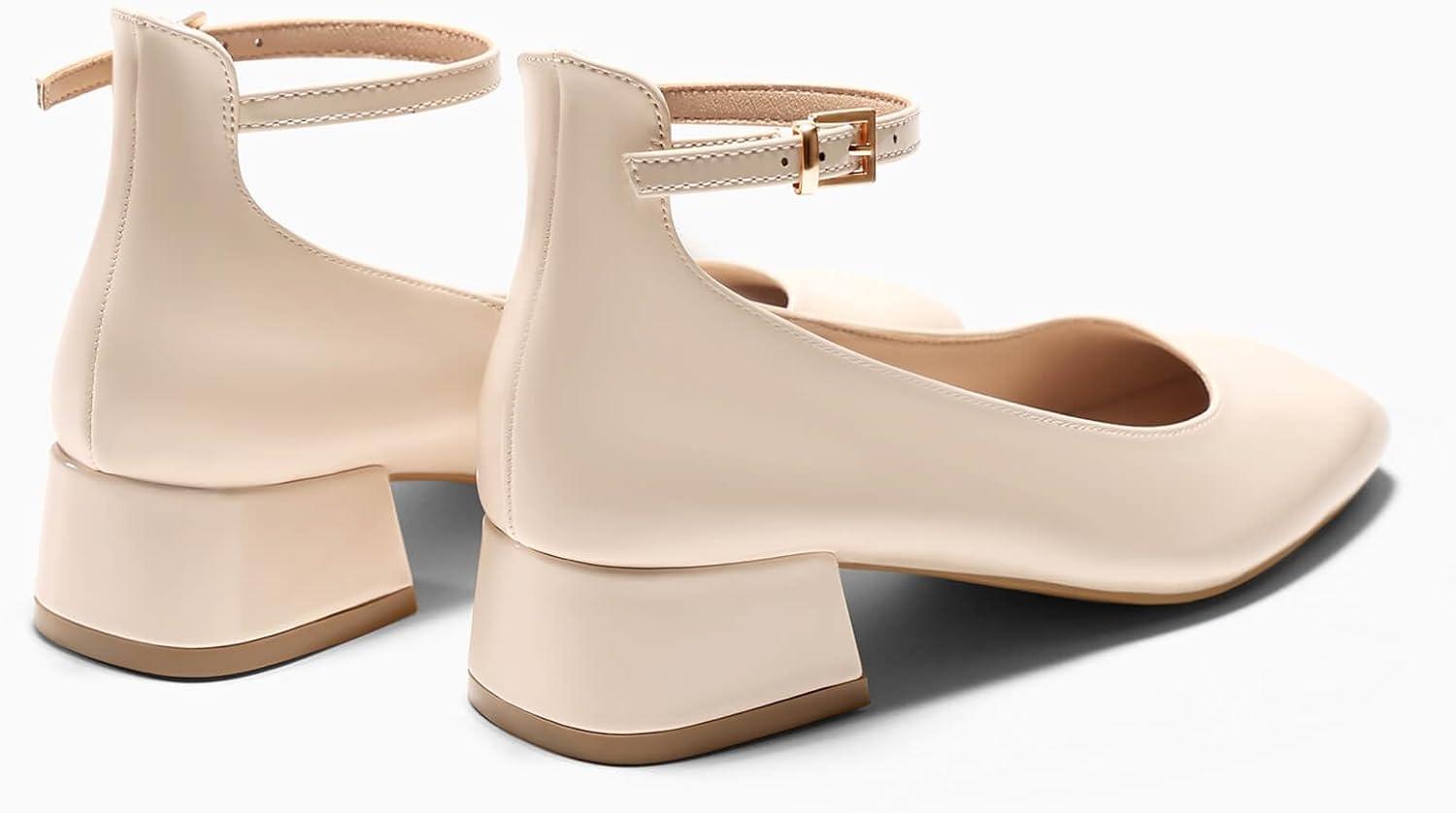 imageCoutgo Womens Chunky Low Heels Closed Square Toe Ankle Strap Pumps Wedding Prom Dress ShoesBeige