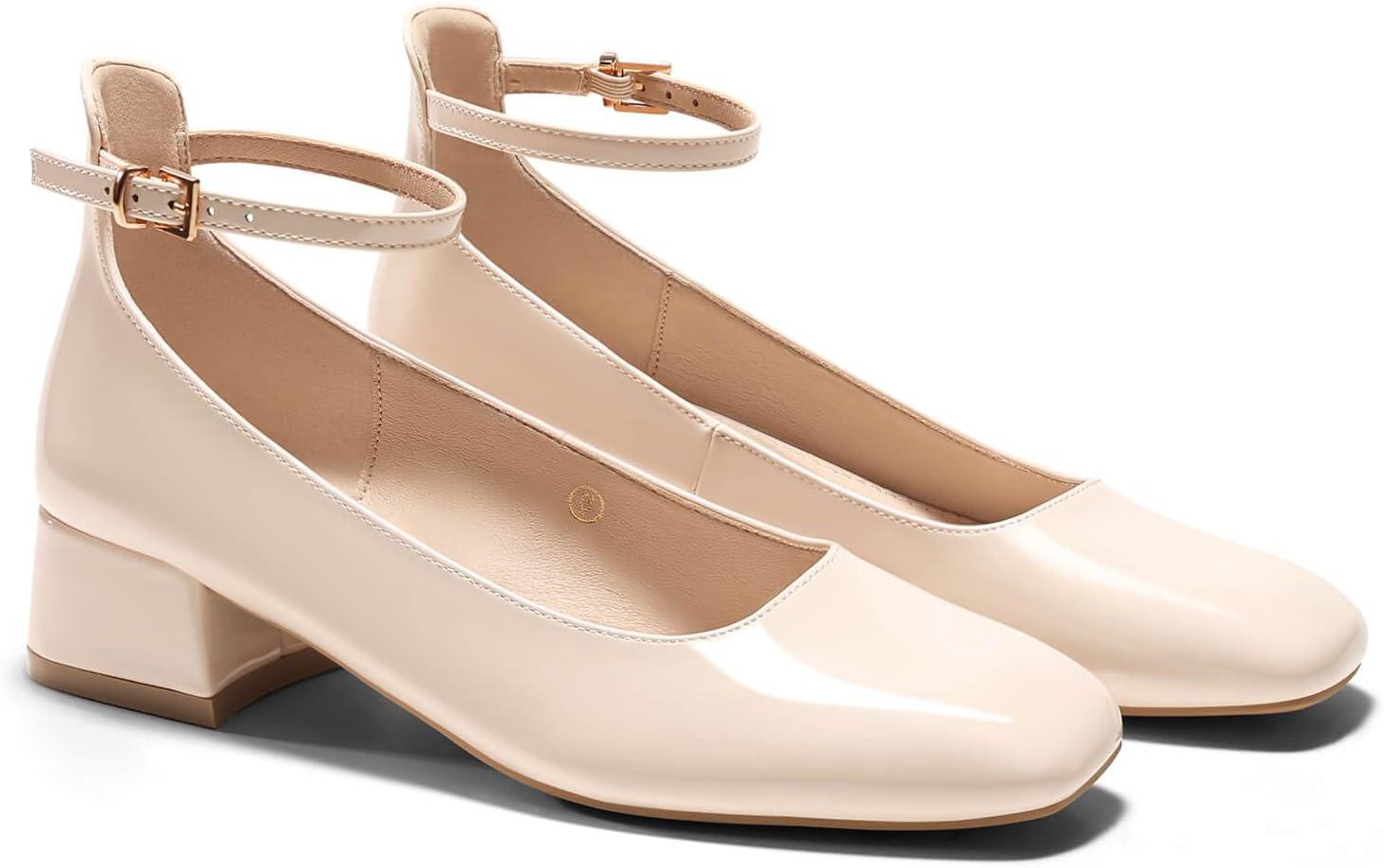 imageCoutgo Womens Chunky Low Heels Closed Square Toe Ankle Strap Pumps Wedding Prom Dress ShoesBeige