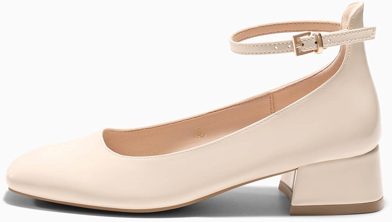 imageCoutgo Womens Chunky Low Heels Closed Square Toe Ankle Strap Pumps Wedding Prom Dress ShoesBeige